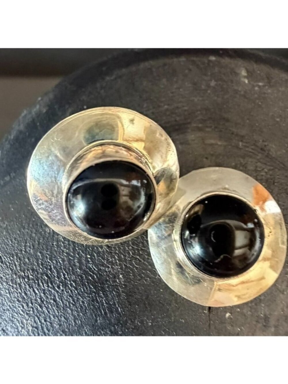 Vintage Sterling Silver Black Onyx Dome Earrings - Minimalist Round Navajo